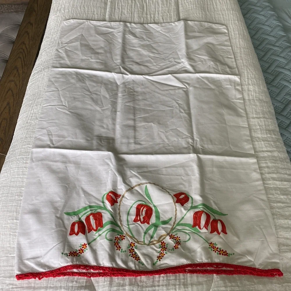 Vintage Pair Of Red Tulips Painted Pillowcases!